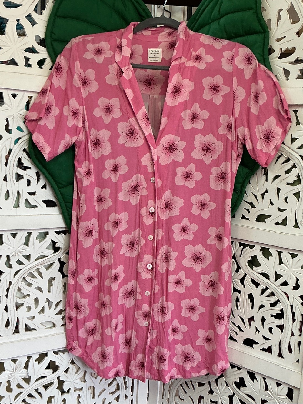 Lokahi Swimwear aloha shirt button down dress, pink hibiscus print. Size M
